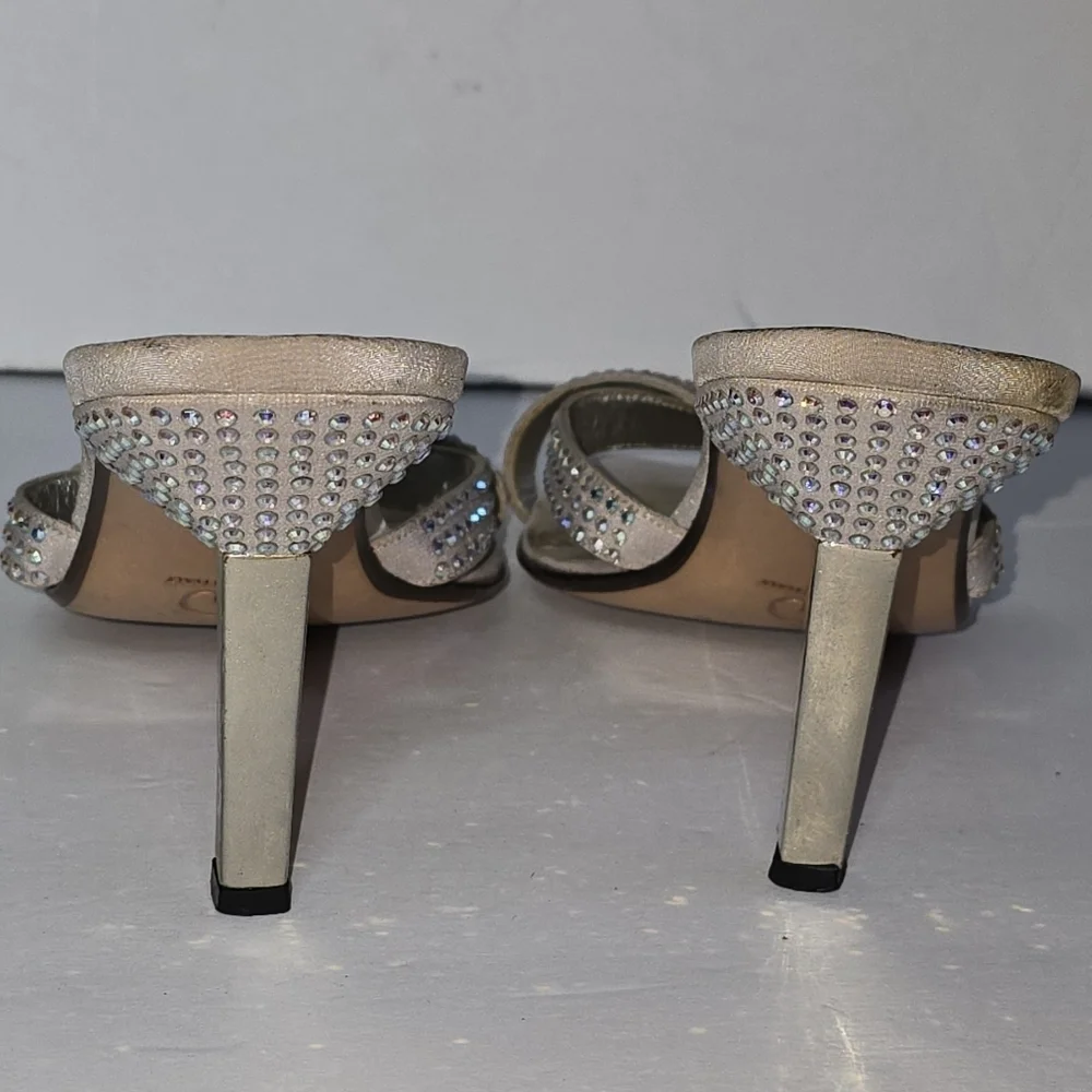 St John Women's Silver Satin Heels  w/Rhinestone Sandals Size 8